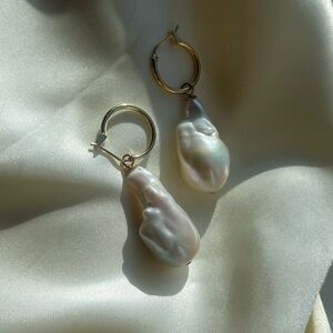 Natural South Sea White Baroque Pearl Gold Plated Hoop Earrings